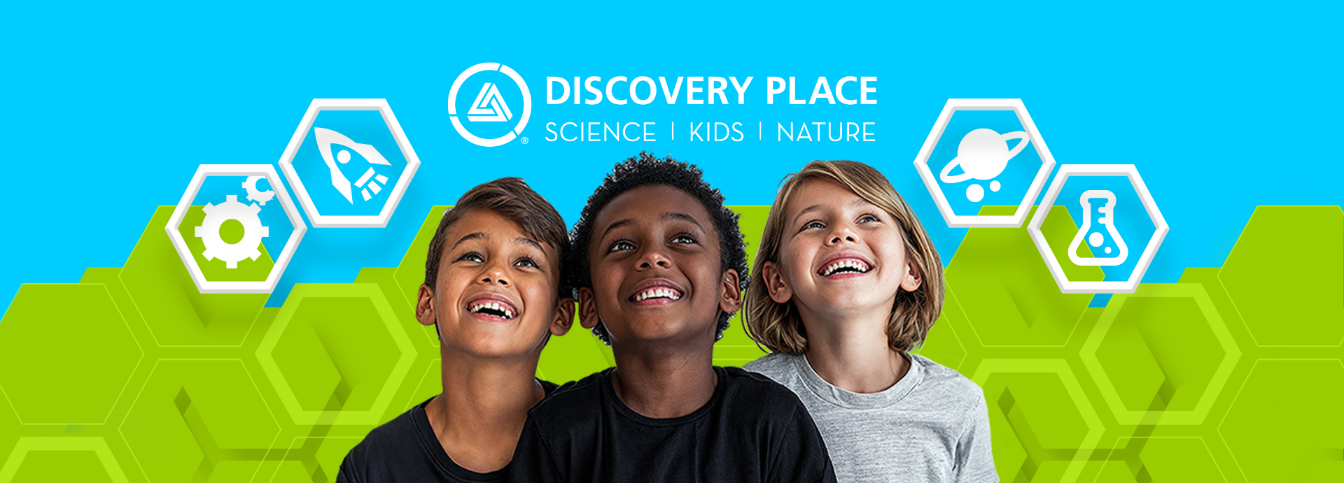 Discovery Place Science | Kids | Nature summer camps with three smiling kids