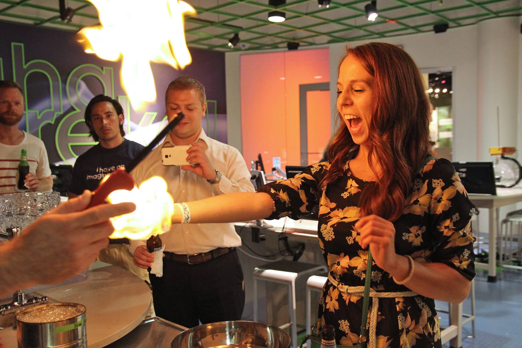 Guest reacting to fire science demo